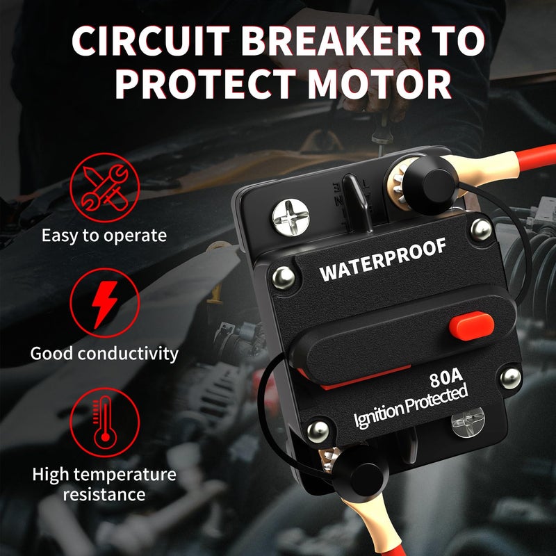 TEMCHY 80Amp Circuit Breaker Waterproof Marine Motor Accessory for Boat Trolling ATV Trailer Vehicles Stereo Audio Electronic Battery Solar System Inline Fuse with Manual Reset Switch DC 12V-48V - Image 2